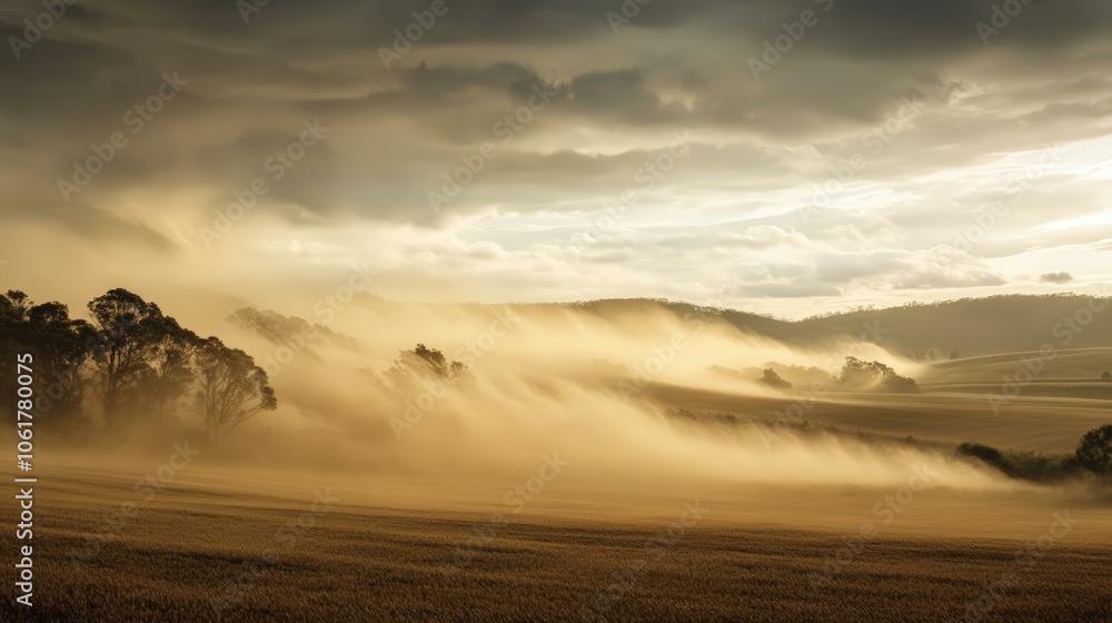 Obraz premium Dust Storm Rolling Through a Field at Sunset, Creating a Dramatic and Eerie Landscape
