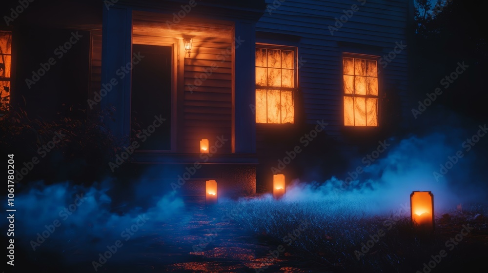 Eerie Halloween Lights Cast Spooky Shadows on a Foggy Night, Creating a Mystical and Mysterious Atmosphere Around a House with Glowing Windows Eerie Halloween Lights Cast Spooky Shadows on a Foggy Night, Creating a Mystical and Mysterious Atmosphere Around a House with Glowing Windows