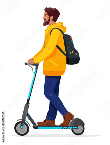 Young Man Commuting on Electric Scooter with Backpack and Yellow Hoodie - Vector Illustration of Eco-Friendly Urban Travel on transparent background