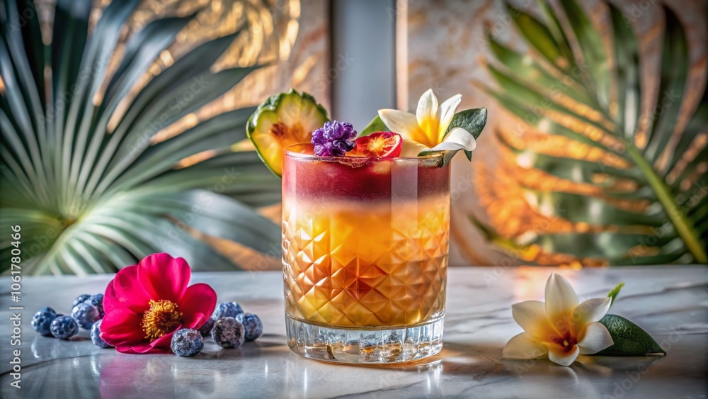 Exotic Tropical Cocktail Art with Layered Colors, Edible Flowers, and Fruit Infusions Symbolizing Cultural Fusion in Architectural Style Glassware Exotic Tropical Cocktail Art with Layered Colors, Edible Flowers, and Fruit Infusions Symbolizing Cultural Fusion in Architectural Style Glassware