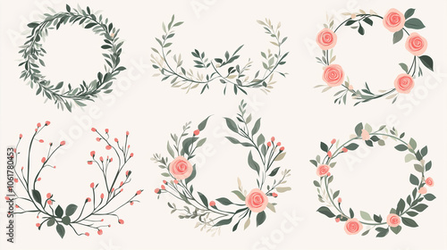 A set of vector illustrations featuring botanical wreaths composed of wild and garden plants.