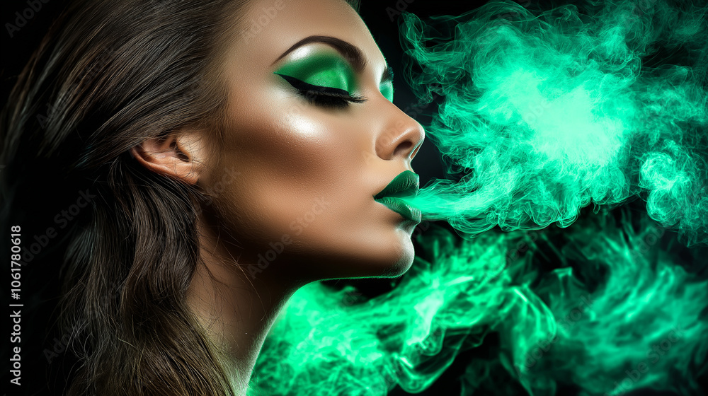 Elegantes Profilporträt einer jungen Frau mit kunstvollem grünen Make-up, die mystischen grünen Rauch ausatmet. Kreatives Beauty-Konzept Elegantes Profilporträt einer jungen Frau mit kunstvollem grünen Make-up, die mystischen grünen Rauch ausatmet. Kreatives Beauty-Konzept