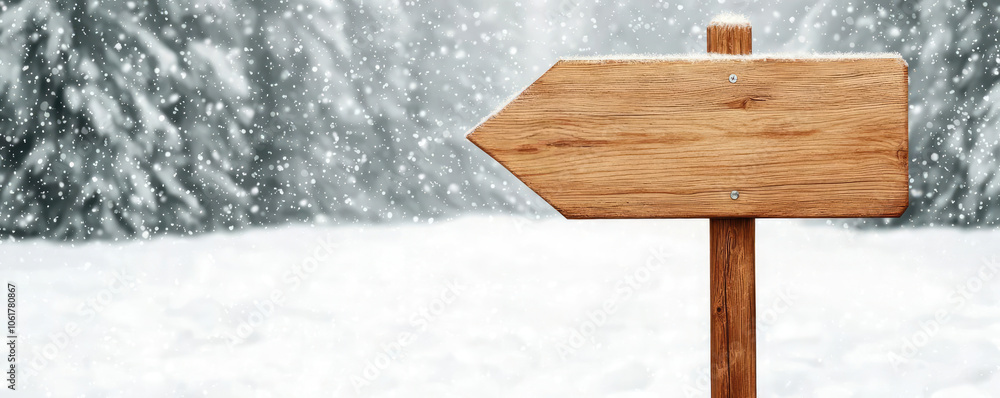 Naklejka premium Wooden signpost blank canvas in snowy landscape, surrounded by evergreen trees, offering a wintery perspective, perfect for directional prompts.