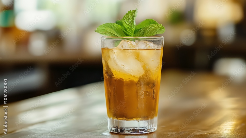A glass of iced tea with mint leaves on a rustic wooden table A glass of iced tea with mint leaves on a rustic wooden table