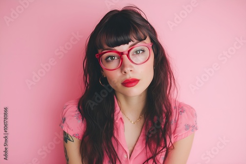 Wallpaper Mural Portrait of a sexy petite pinup model with red lips and red glasses in a pink blouse, isolated on a pink background. Has a tattoo. Very stylish. Torontodigital.ca