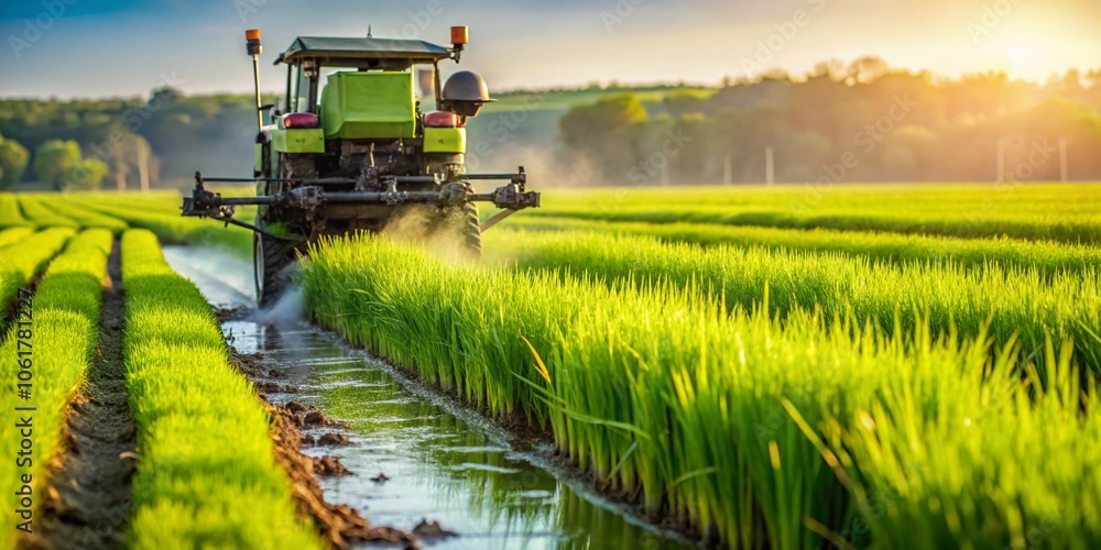 Fototapeta premium Fertilizing Green Rice Fields with Tractor Machine – Macro Photography of Agricultural Practices, Crop Management, Sustainable Farming Techniques, and Lush Landscapes