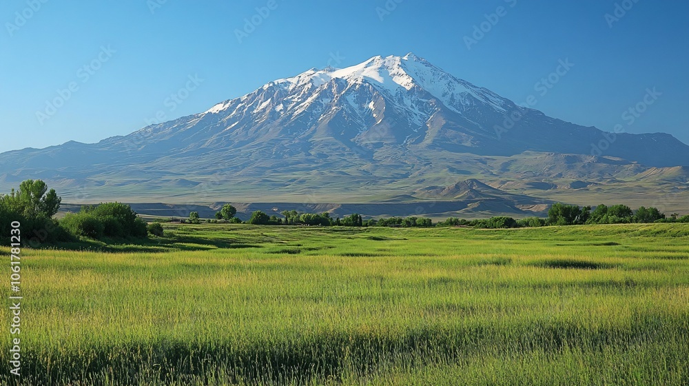 A majestic snow-capped mountain stands tall against a clear blue sky, overlooking a vast expanse of lush green grassland. A majestic snow-capped mountain stands tall against a clear blue sky, overlooking a vast expanse of lush green grassland.