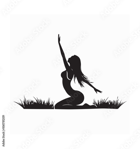 Woman Practicing Yoga On Green Grass In The Park silhouette vector isolated on white background.