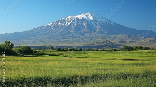 A majestic snow-capped mountain stands tall against a clear blue sky, overlooking a vast expanse of lush green grassland.