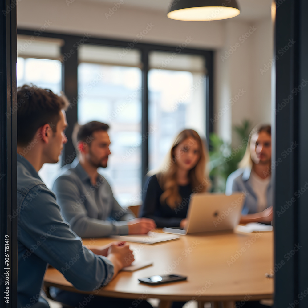 Team meeting in modern office with diverse colleagues collaborating around laptop,background blurred Team meeting in modern office with diverse colleagues collaborating around laptop,background blurred
