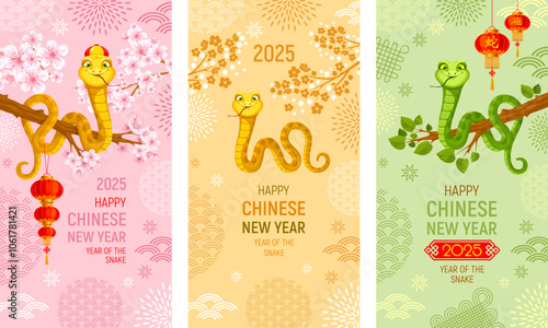 Chinese New Year 2025 designs set with cute snake, chinese zodiac symbol of lunar new year. Cartoon art for greeting card, banner, poster, cover. Hieroglyph mean Snake, Luck. Vector illustration