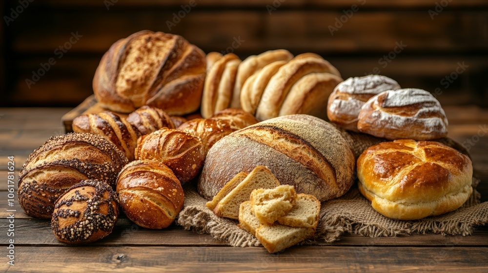 Variety of Freshly Baked Bread and Rolls Displayed on Rustic Wooden Table Variety of Freshly Baked Bread and Rolls Displayed on Rustic Wooden Table