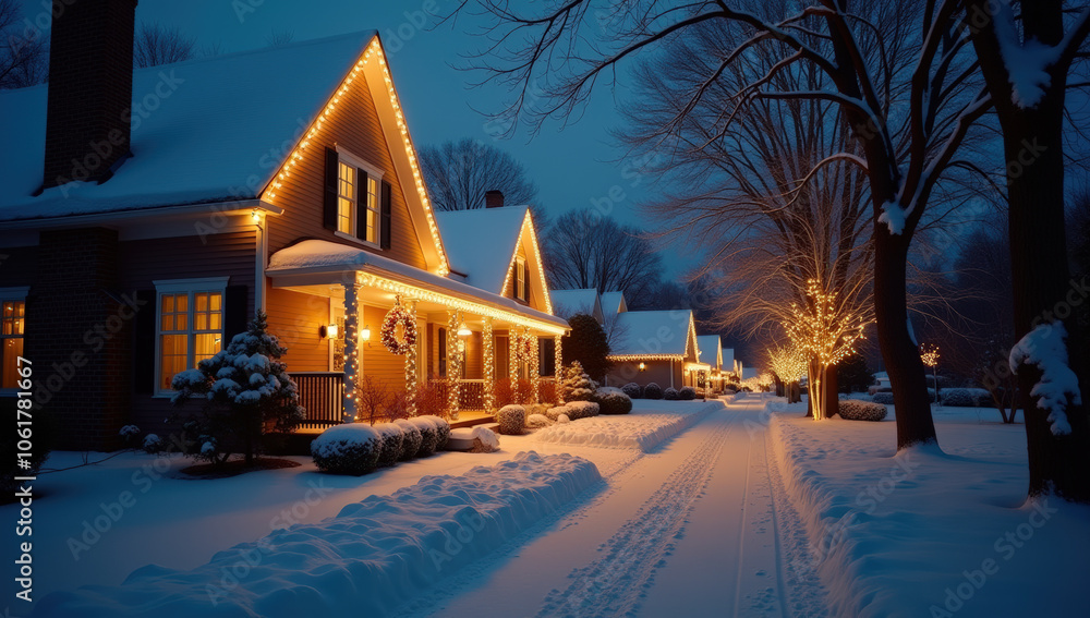 A Quiet Winter Evening on a Snow-Covered Street Adorned with Warm Holiday Lights Creates a Peaceful Atmosphere in a Charming Neighborhood Full of Festive Spirit A Quiet Winter Evening on a Snow-Covered Street Adorned with Warm Holiday Lights Creates a Peaceful Atmosphere in a Charming Neighborhood Full of Festive Spirit