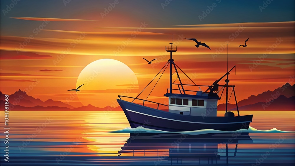 Fototapeta premium Fishing Boat Silhouette Icon - Vector Outline Illustration for Seafood Graphics, Culinary Vessels, Ocean Fishing, Marine Life, Nautical Art, Coastal Cuisine, and Watercraft Design