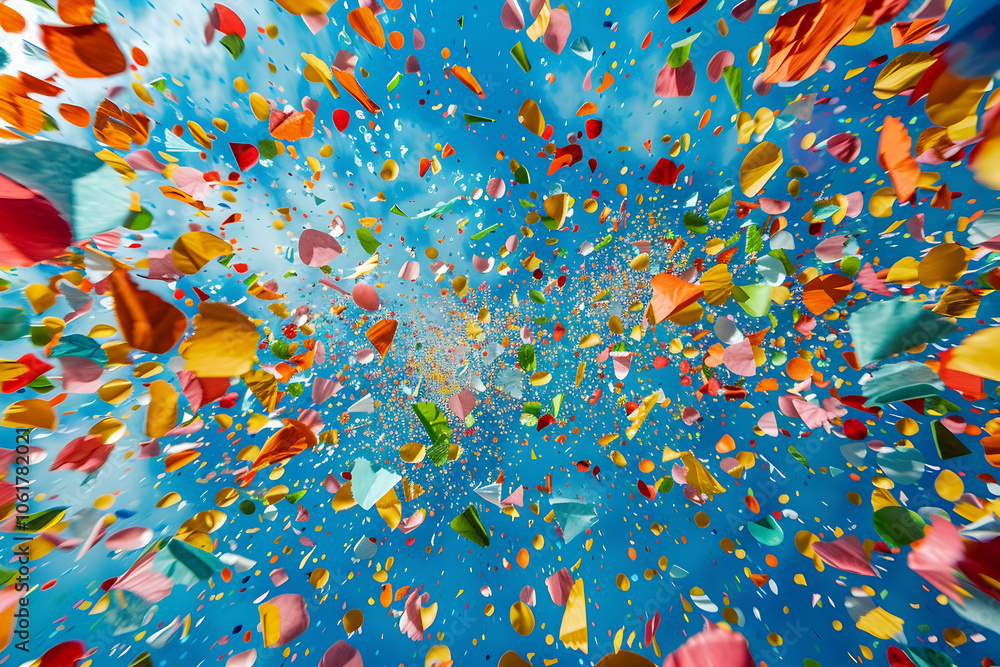 Colorful confetti falling on a blue background, captured with a wide-angle lens in daylight Colorful confetti falling on a blue background, captured with a wide-angle lens in daylight