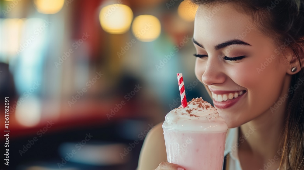 A woman enjoys a delicious milkshake, sipping thoughtfully through a straw A woman enjoys a delicious milkshake, sipping thoughtfully through a straw