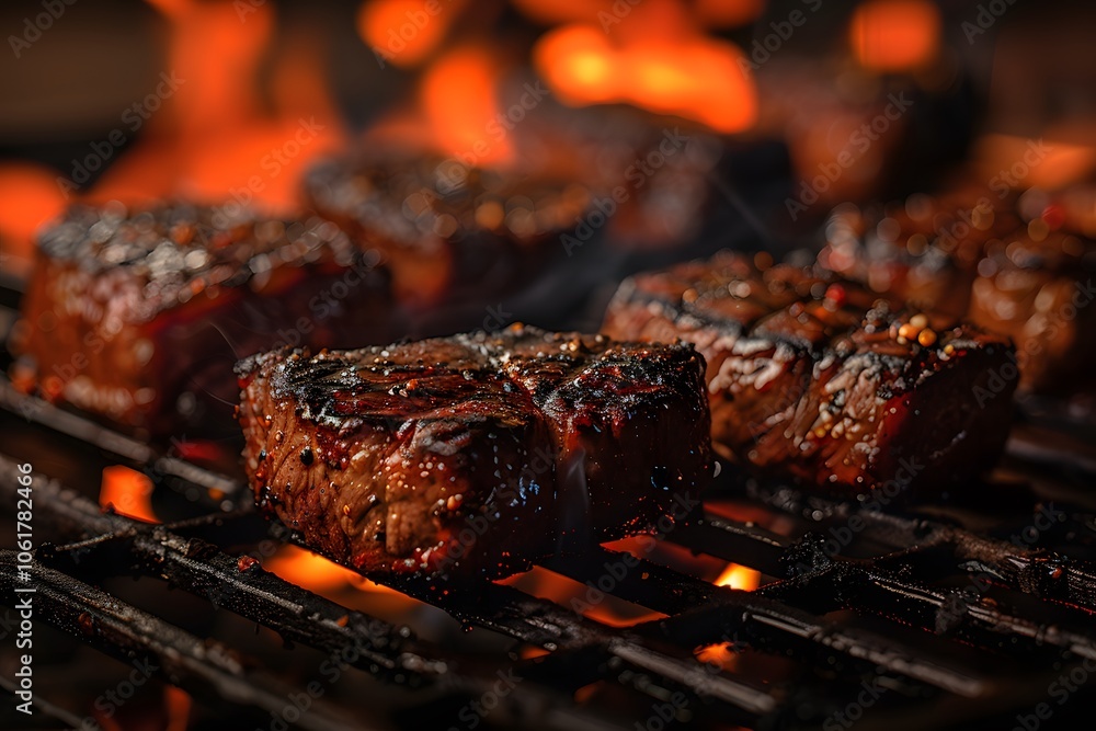 Delicious Grilled Beef Steaks Sizzling on an Open Flame Barbecue Delicious Grilled Beef Steaks Sizzling on an Open Flame Barbecue