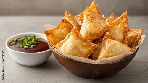 DeepFried Crab Rangoon with Sweet and Sour Sauce Golden crab rangoons paired with dipping sauce, Chinese appetizer food photography, capturing crispy, savory appeal, 3D illustration photo