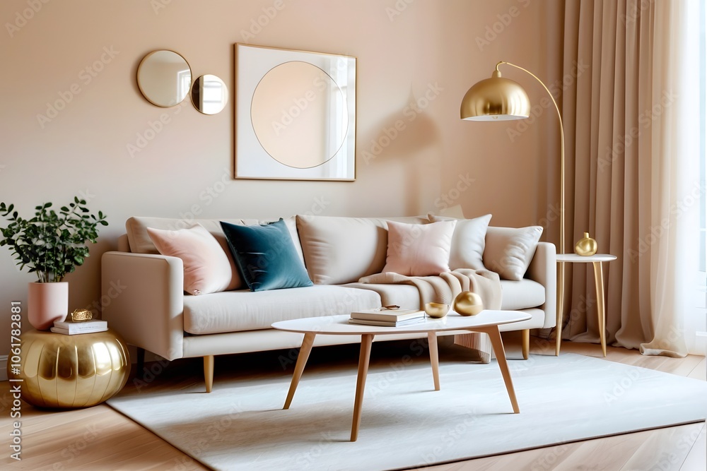 Obraz premium Stylish and warm living room interior with beige sofa, armchair, golden furniture in a perfect position.