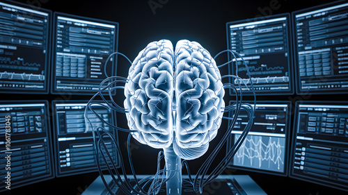 3D illustration The human brain is being stimulated by wires. photo