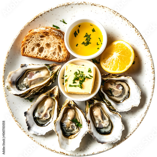 plate with fresh live oysters with citron, bread, butter and white wine served at restaurant in oyster-farming village, arcachon bay, gujan-mestras port, france highlighted by white, cinemat photo