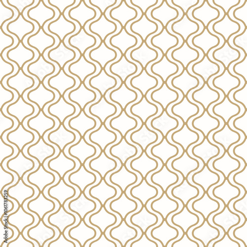 Vector golden geometric seamless pattern in oriental style. Abstract background with wavy lines, grid, lattice, mesh, lace, net. Simple gold and white texture. Repeated ornamental luxury geo design