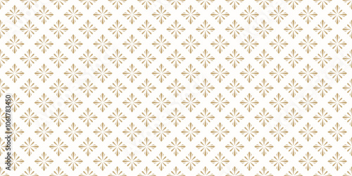 Vector golden geometric floral seamless pattern. Simple luxury texture in oriental style. Abstract gold and white background with flower silhouettes, diamond shapes, stars, snowflakes. Repeated design