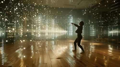 An AI assistant as a constellation of light particles inspires a choreographer in a dance studio, projecting motion paths and rhythm patterns. AIG60 photo