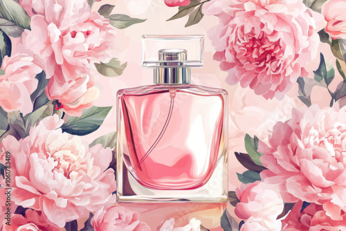 Transparent glass bottle of perfume with pink rose and peony flowers around. Modern illustration. White background.