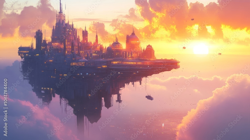 A futuristic city hovers above the clouds at sunset, with a view of a sprawling metropolis below. A futuristic city hovers above the clouds at sunset, with a view of a sprawling metropolis below.