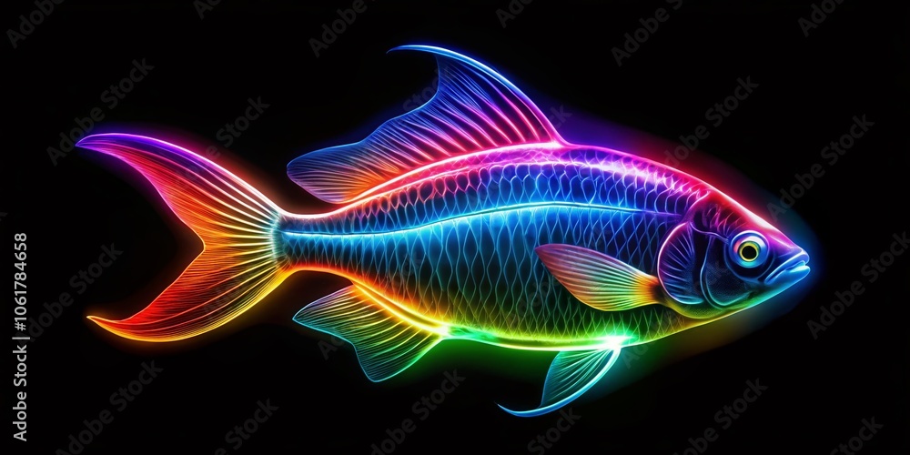 Glowing Neon Rainbow Fish Line Design on Black Background - Minimalist Photography of Colorful Abstract Art for Modern Decor, Vibrant Underwater Life, and Creative Visuals Glowing Neon Rainbow Fish Line Design on Black Background - Minimalist Photography of Colorful Abstract Art for Modern Decor, Vibrant Underwater Life, and Creative Visuals