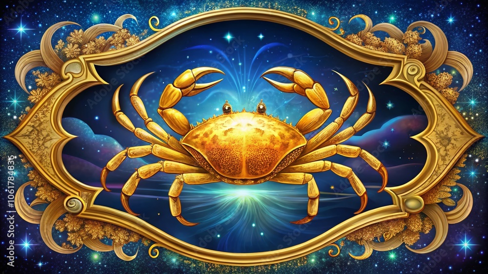 Golden Crab Illustration Surrounded by a Starry Sky and Elegant Golden Frame – Stunning Candid Photography of Marine Life, Nightscape, and Artistic Design for Nature Lovers Golden Crab Illustration Surrounded by a Starry Sky and Elegant Golden Frame – Stunning Candid Photography of Marine Life, Nightscape, and Artistic Design for Nature Lovers