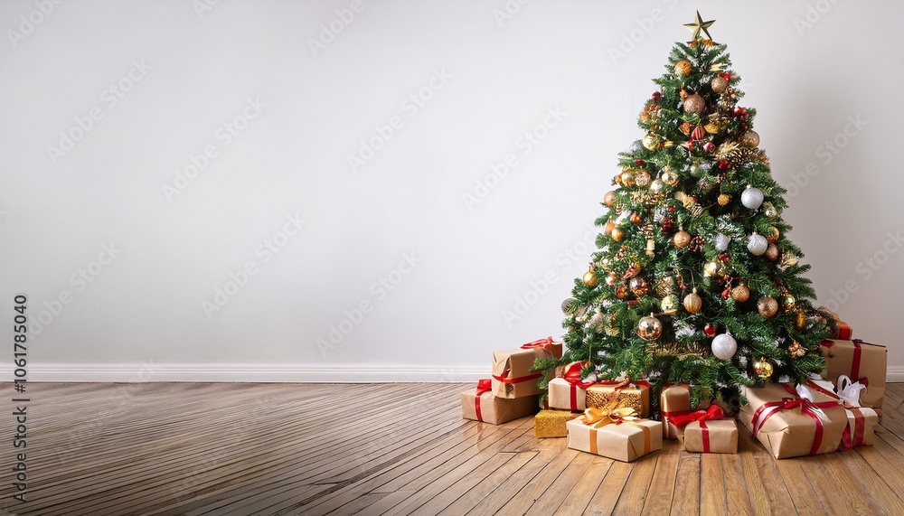 Big beautiful christmas tree decorated with beautiful shiny baubles and many different presents on wooden floor. White wall background with a lot of copy space for text. Close up Big beautiful christmas tree decorated with beautiful shiny baubles and many different presents on wooden floor. White wall background with a lot of copy space for text. Close up