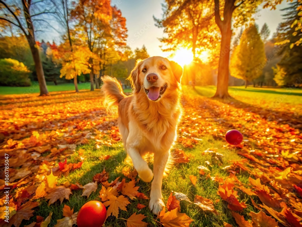 Golden Retriever Playing with Ball in Autumn Garden Park - Aerial Photography Capturing Morning Light and Vibrant Fall Colors Golden Retriever Playing with Ball in Autumn Garden Park - Aerial Photography Capturing Morning Light and Vibrant Fall Colors