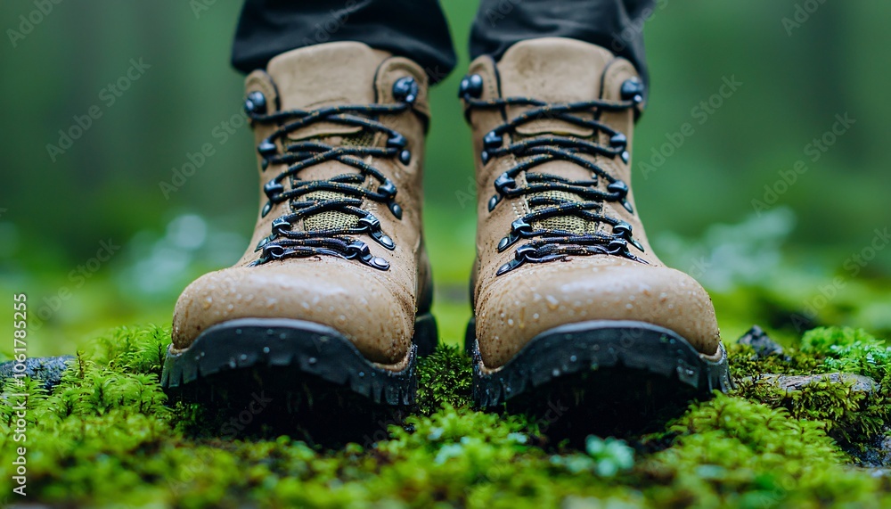 Exploring Nature: Close-Up of Hiking Boots on Mossy Trail Surrounded by Lush Greenery Exploring Nature: Close-Up of Hiking Boots on Mossy Trail Surrounded by Lush Greenery