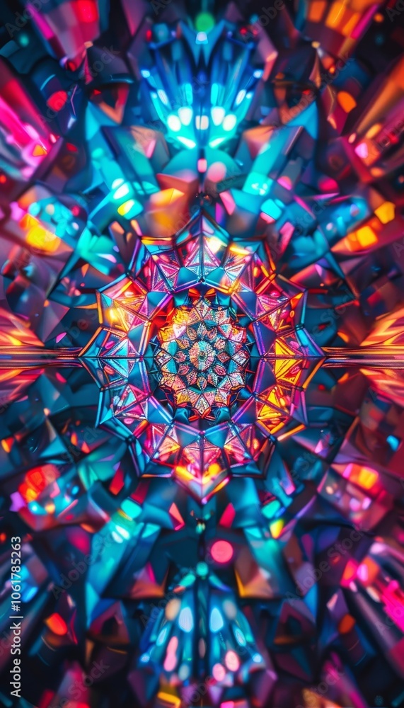 Fototapeta premium Vibrant neon kaleidoscope pattern with mesmerizing glowing effects for a psychedelic experience