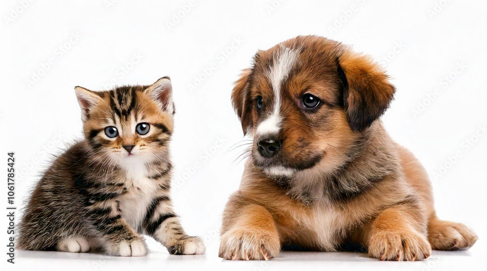 puppy and little kitten isolated on white background studio shot puppy and little kitten isolated on white background studio shot