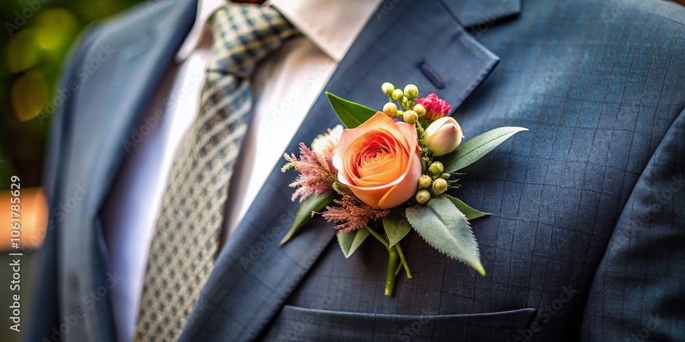 Grooms Boutonniere in Focus - Hyperrealistic Long Exposure Photo of a Suit Lapel with Floral Accents, Ideal for Wedding Photography, Bridal Accessories, and Formal Attire Inspiration Grooms Boutonniere in Focus - Hyperrealistic Long Exposure Photo of a Suit Lapel with Floral Accents, Ideal for Wedding Photography, Bridal Accessories, and Formal Attire Inspiration
