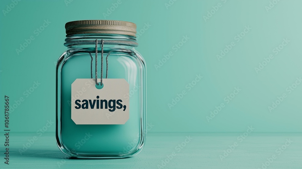 Glass jar labeled 'savings' against a mint background, emphasizing financial goals. Glass jar labeled 'savings' against a mint background, emphasizing financial goals.