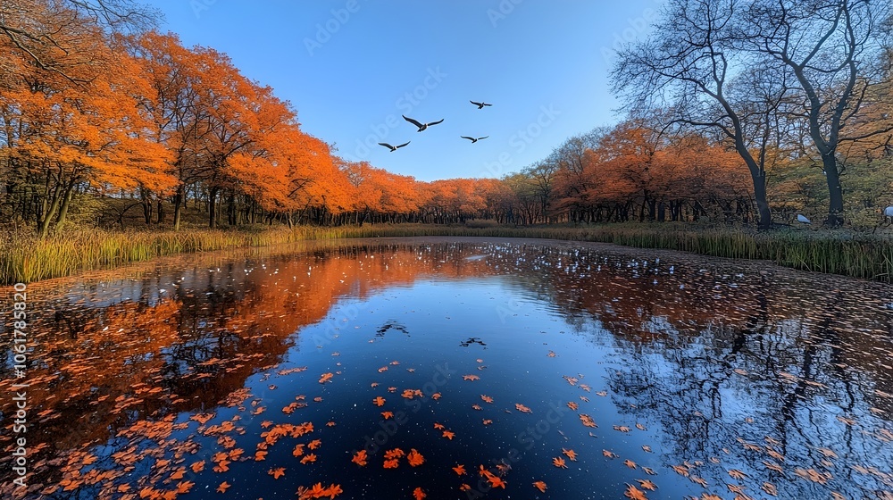 Obraz premium Migratory Birds Soaring Over Tranquil Autumn Pond Reflecting Vibrant Fall Foliage