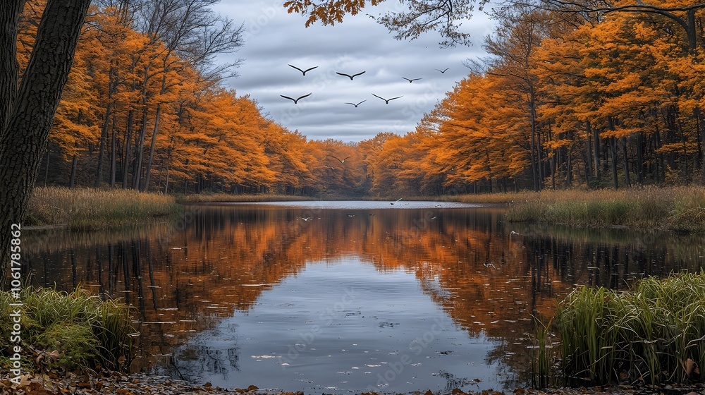 Obraz premium Migratory Birds Soaring Over Tranquil Autumn Pond with Vibrant Foliage Reflections