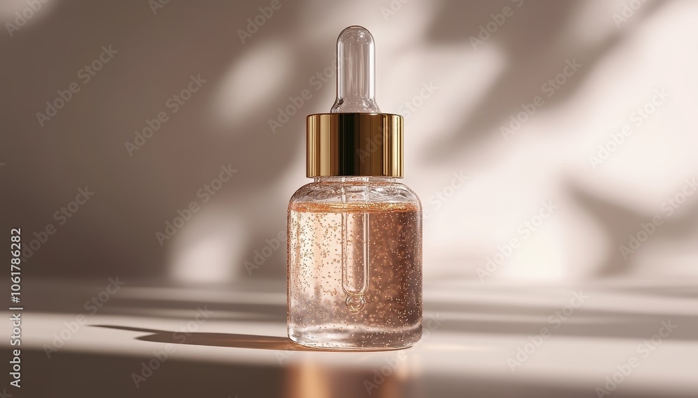 A close-up view of a glass dropper bottle filled with a shimmering liquid, elegantly placed on a surface, casting soft shadows in a serene and minimalistic setting. A close-up view of a glass dropper bottle filled with a shimmering liquid, elegantly placed on a surface, casting soft shadows in a serene and minimalistic setting.