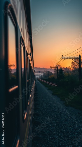 A train travels through the countryside at sunset, the golden light reflecting in the windows