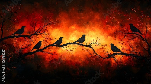 Mysterious Avian Silhouettes Amid Autumnal Radiance and Dramatic Lighting
