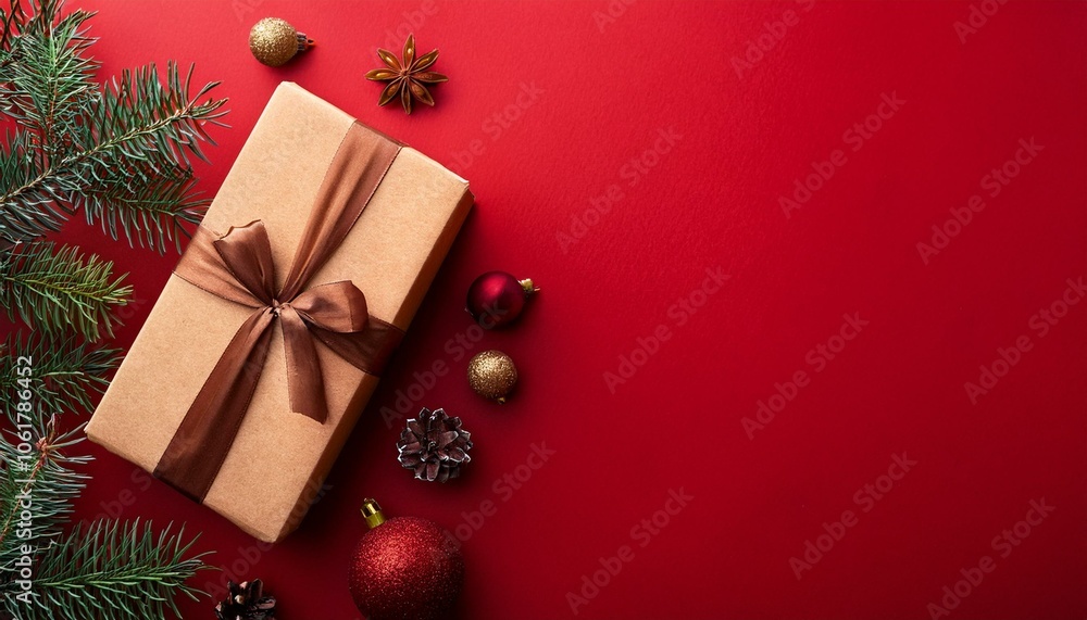 Christmas composition. Gift box, christmas decorations on red background. Flat lay, top view, copy space Christmas composition. Gift box, christmas decorations on red background. Flat lay, top view, copy space
