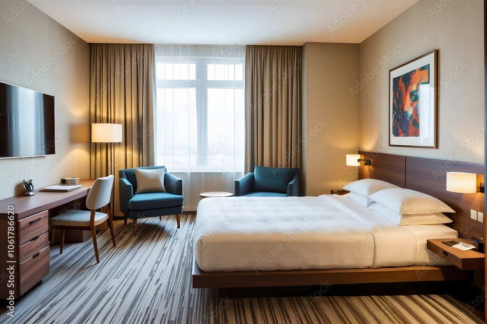 Single bed in a modern hotel room interior. Single bed in a modern hotel room interior.