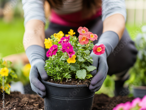 Gardener lovingly planting vibrant flowers in a sunny backyard during springtime