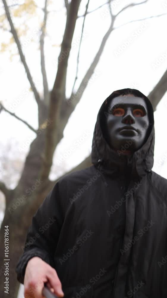 A masked figure in a black hooded jacket lurks behind a tree, intently watching someone as he follows them through the forest. The scene conveys a tense and unsettling feeling of pursuit, enhancing th