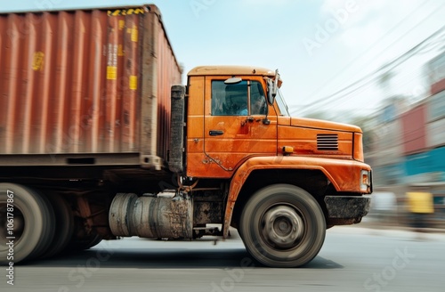 Dynamic motion of an orange truck transporting cargo through urban streets