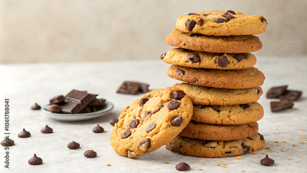 Chocolate chip cookies stacked with bits of chocolate.
Chocolate chip cookies stacked with bits of chocolate.